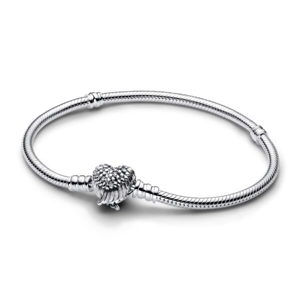 593680C01 Snake chain sterling silver bracelet with heart wings clasp and clear cubic zirconia