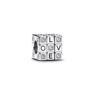 793672C01 Toy cube sterling silver charm with clear cubic zirconia and red enamel