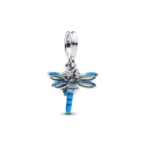 793745C01 Dragonfly sterling silver double dangle with clear cubic zirconia and glittery blue enamel