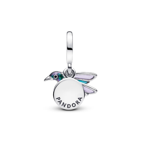 793746C01 Hummingbird sterling silver double dangle with glittery green, black, transparent blue and purple enamel - Afbeelding 2