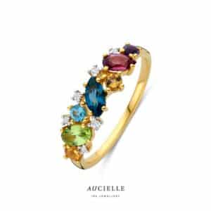 Ring  Aucielle  goud 18 kt,  geel goud,  0.040 ct Nat. Diamant amethist citrien peridot rhodoliet topaas