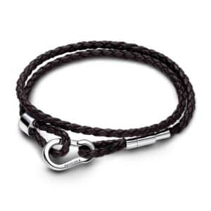 593338C01-D2 Brown Braided Double Leather Bracelet